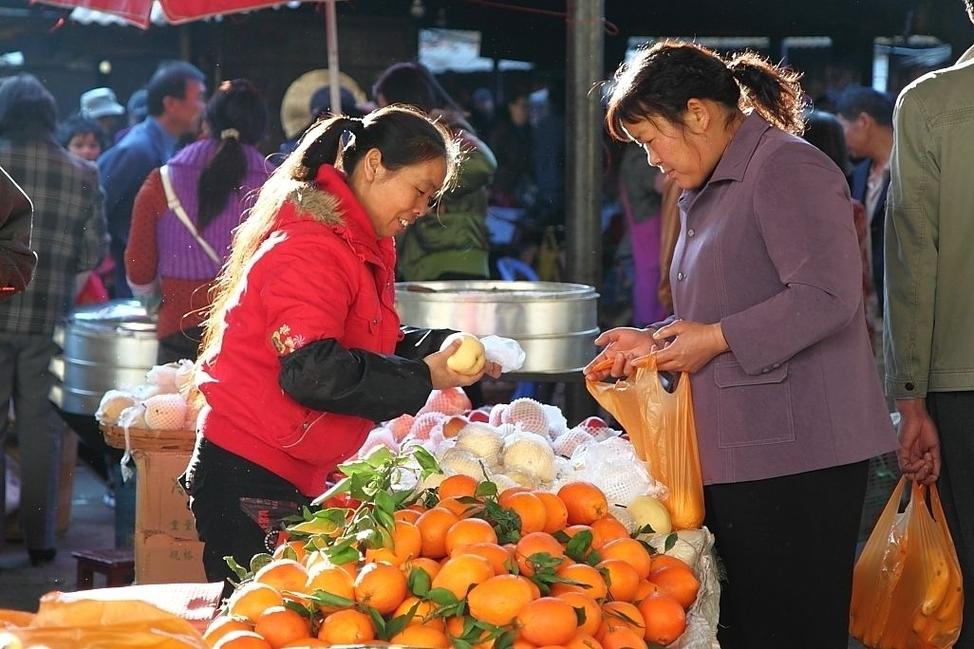 农村姑娘赶集卖蔬菜图片